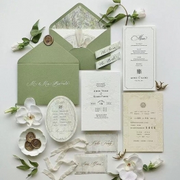 Custom Double-Language Wedding Invitations with Forest Green Embossed Design